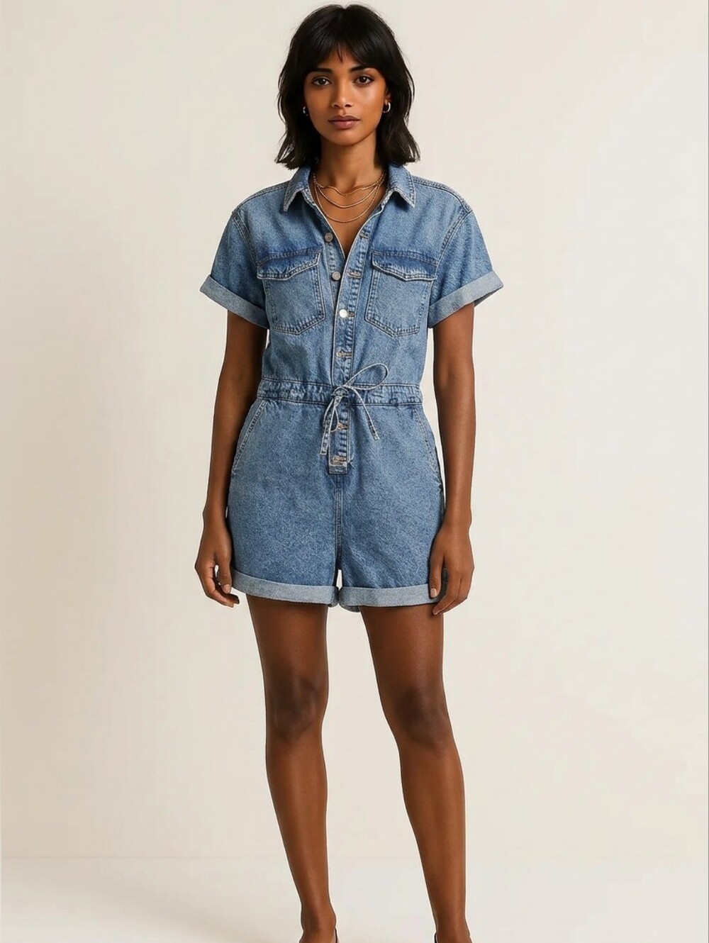 H&M Blue Denim Romper Short Sleeves Drawstring Waist